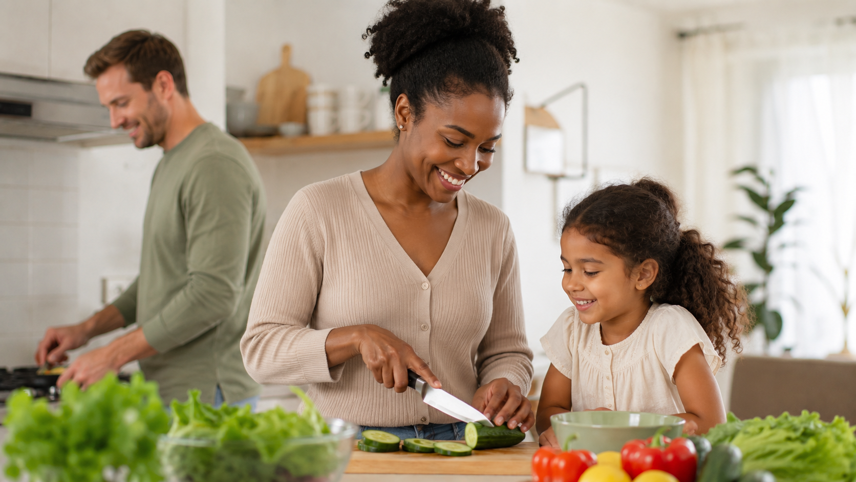 A family preparing a healthy meal together at home