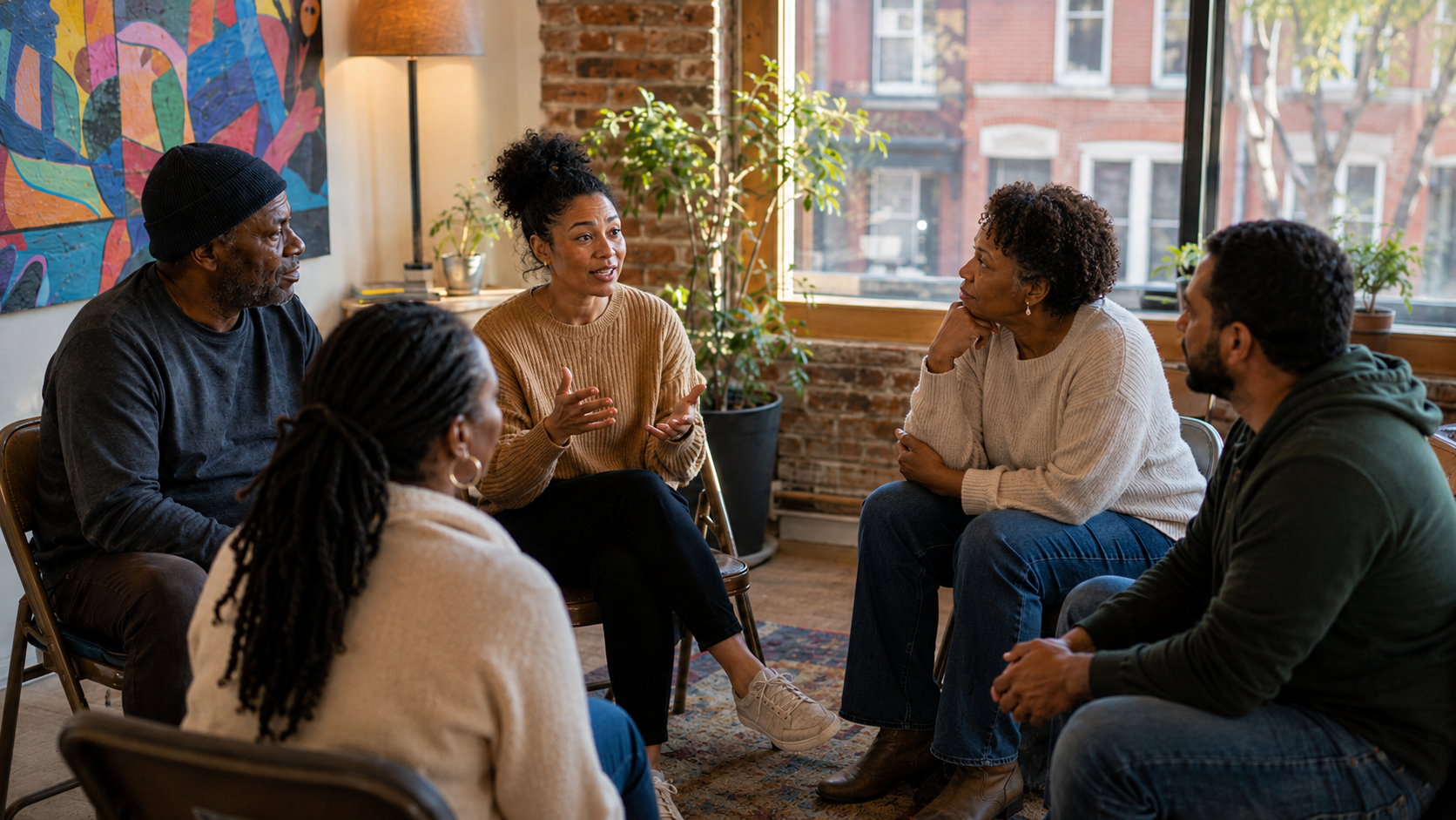 A diverse peer support group in conversation